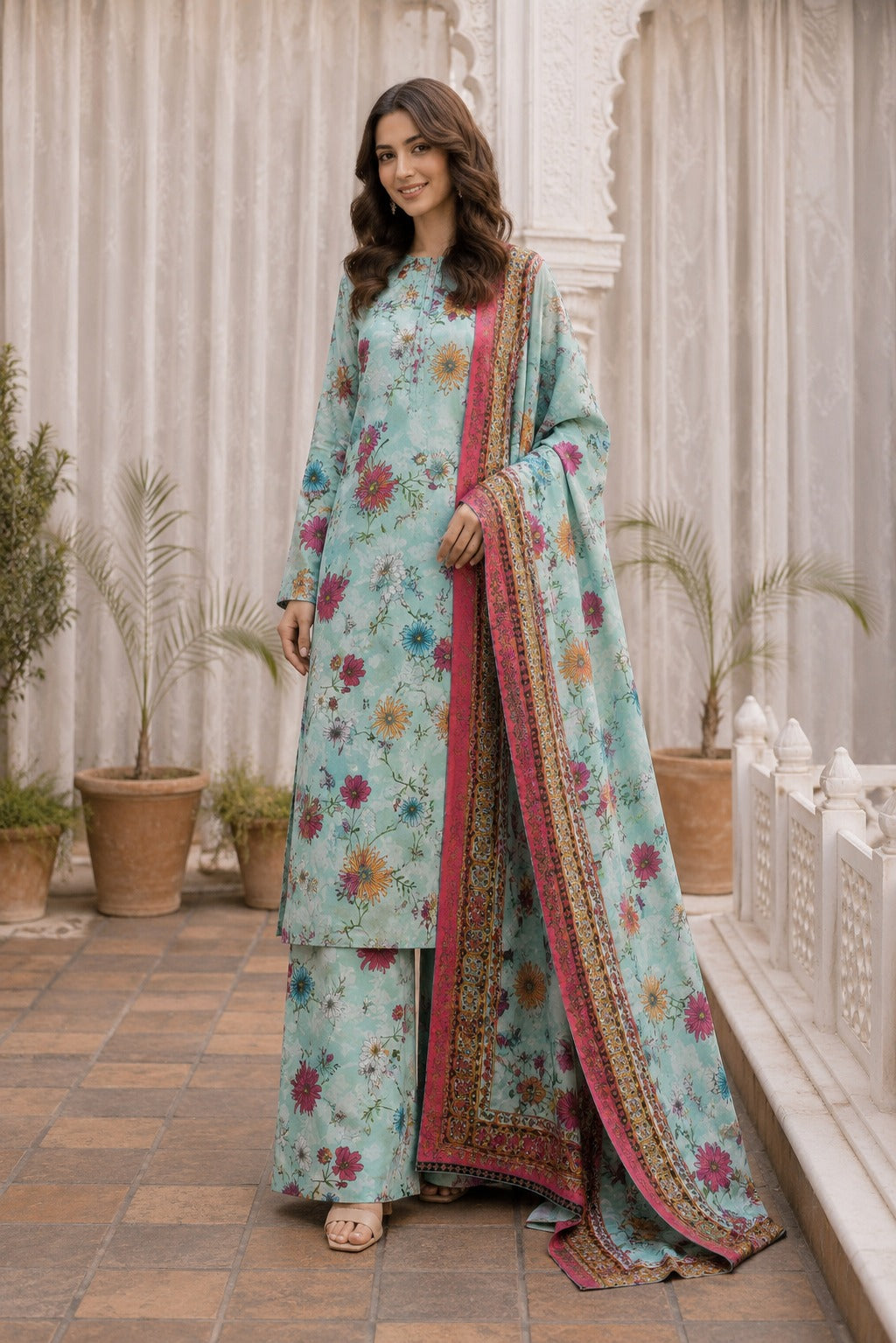 3 Piece BreezeLawn Printed UnStitched Suit with Printed Dupatta & Printed Trouser - Image 1