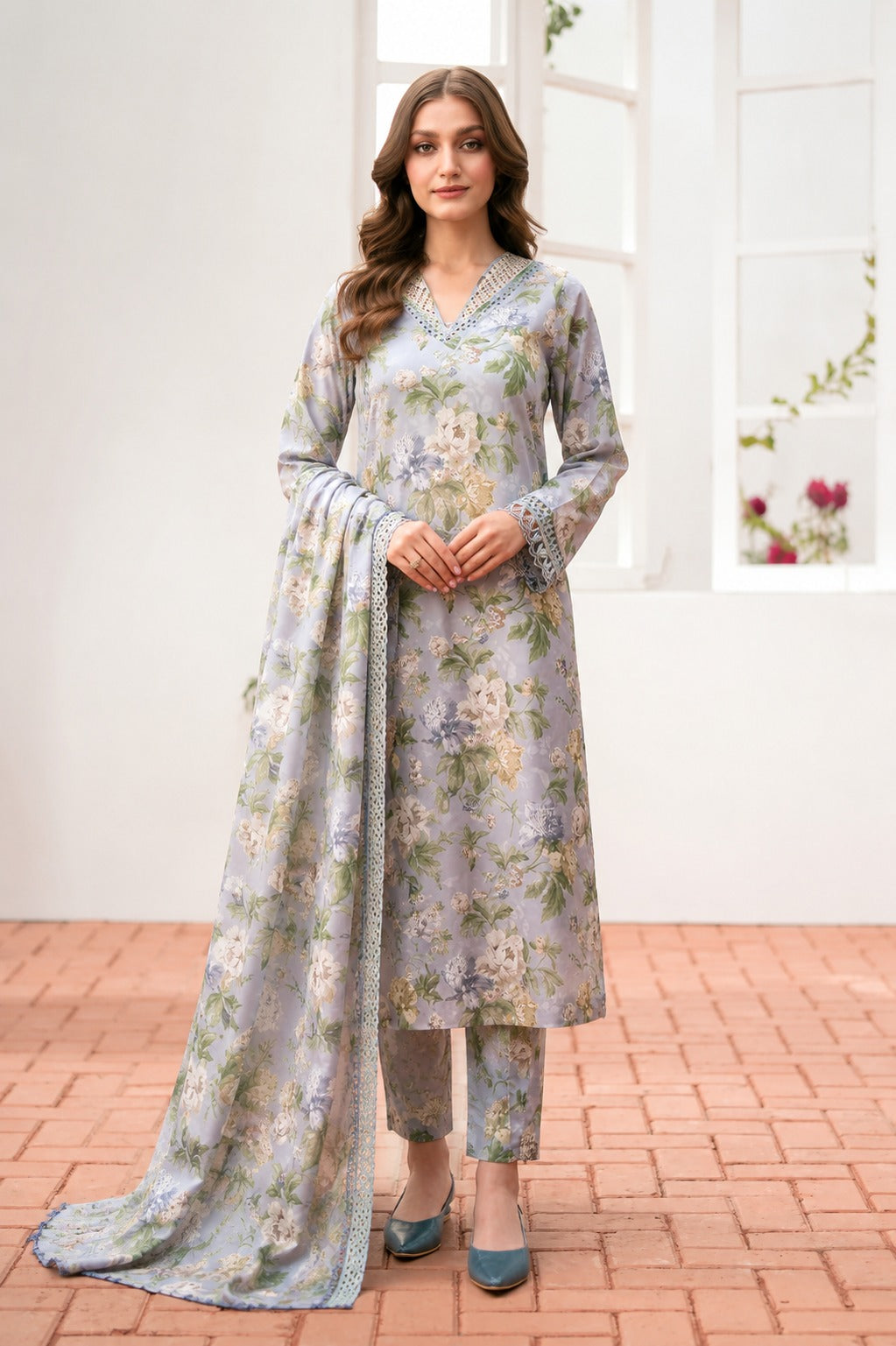 3 Piece BreezeLawn Printed UnStitched Suit with Printed Dupatta & Printed Trouser - Image 1