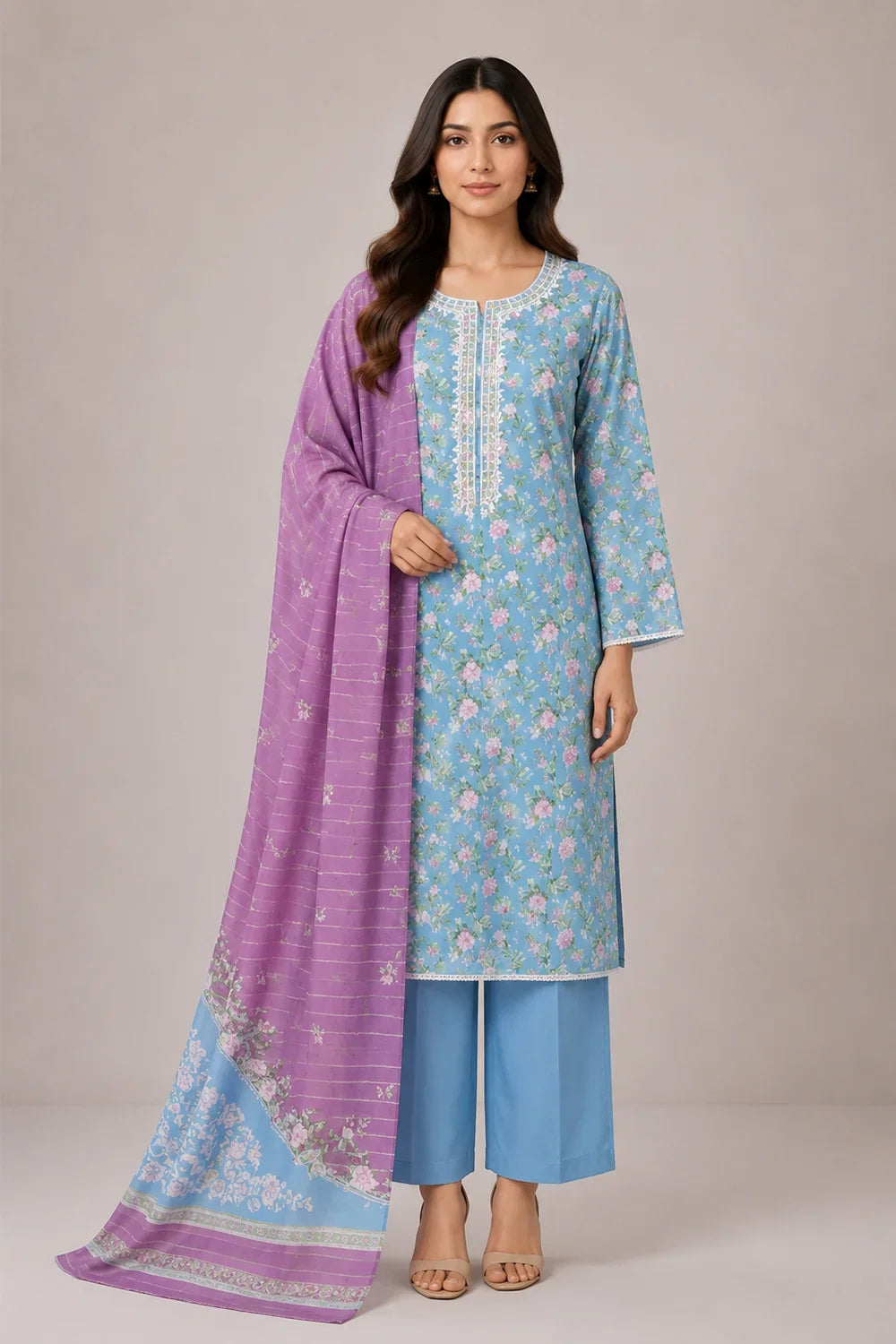 3 PIECE - EMBROIDERED CAMBRIC SUIT
