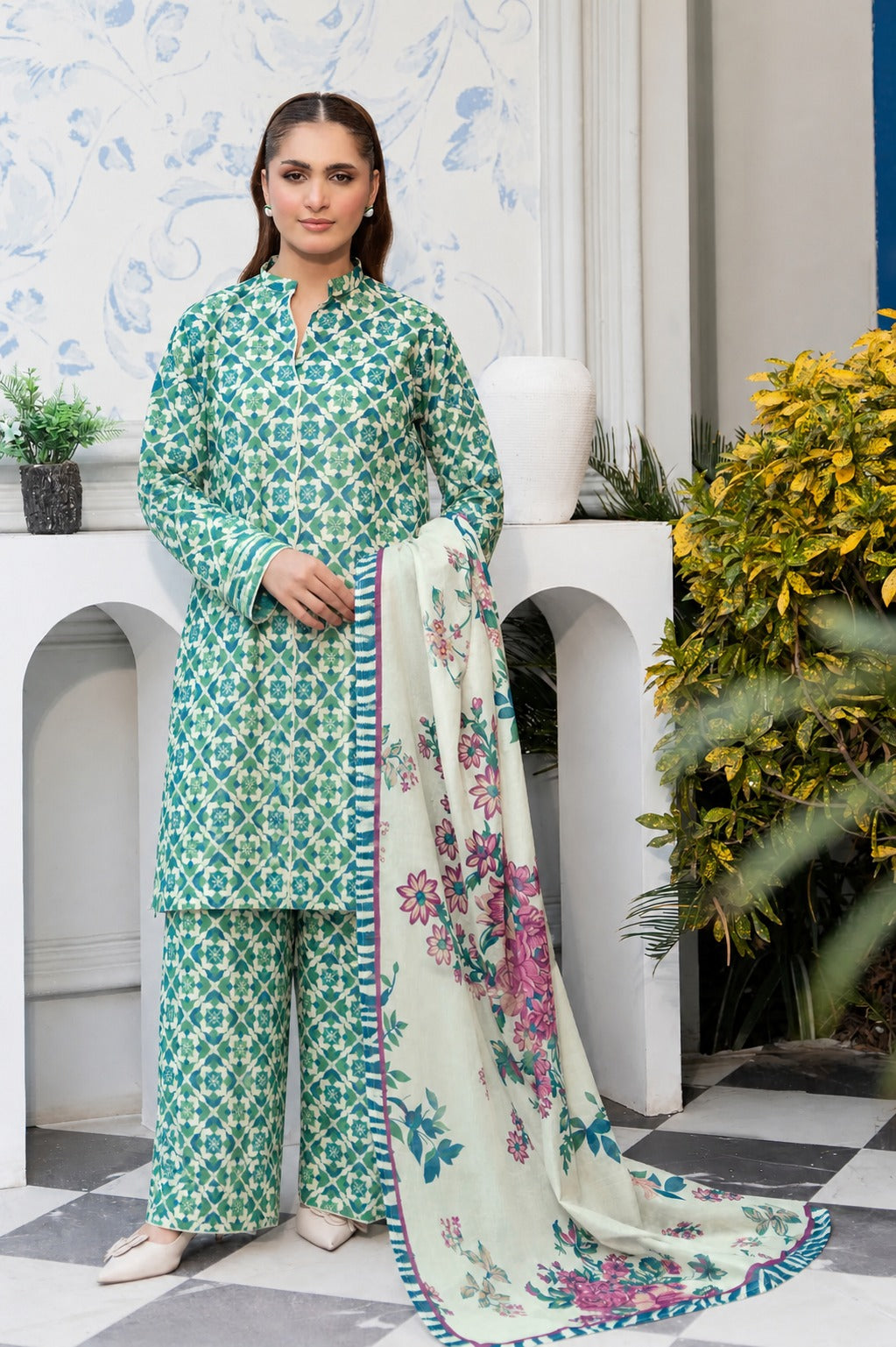 3 Piece BreezeLawn Printed UnStitched Suit with Printed Dupatta & Printed Trouser - Image 1