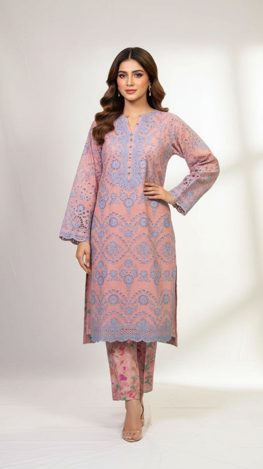 Chikankari Shirt With Printed Trouser 2pc Lawn Suit