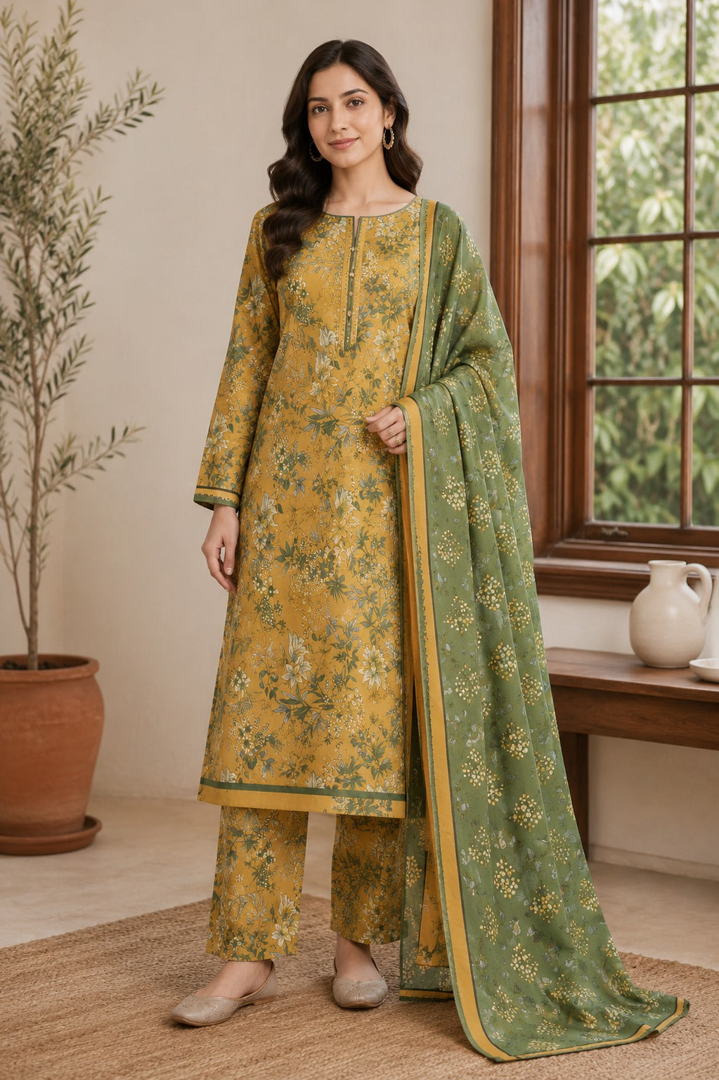 3 Piece BreezeLawn Printed UnStitched Suit with Printed Dupatta & Printed Trouser - Image 1