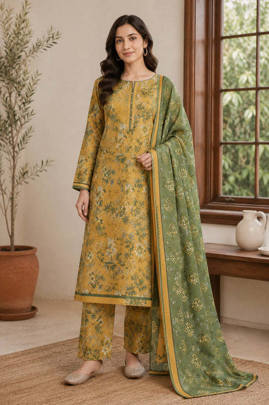 3 Piece BreezeLawn Printed UnStitched Suit with Printed Dupatta & Printed Trouser - Image 1