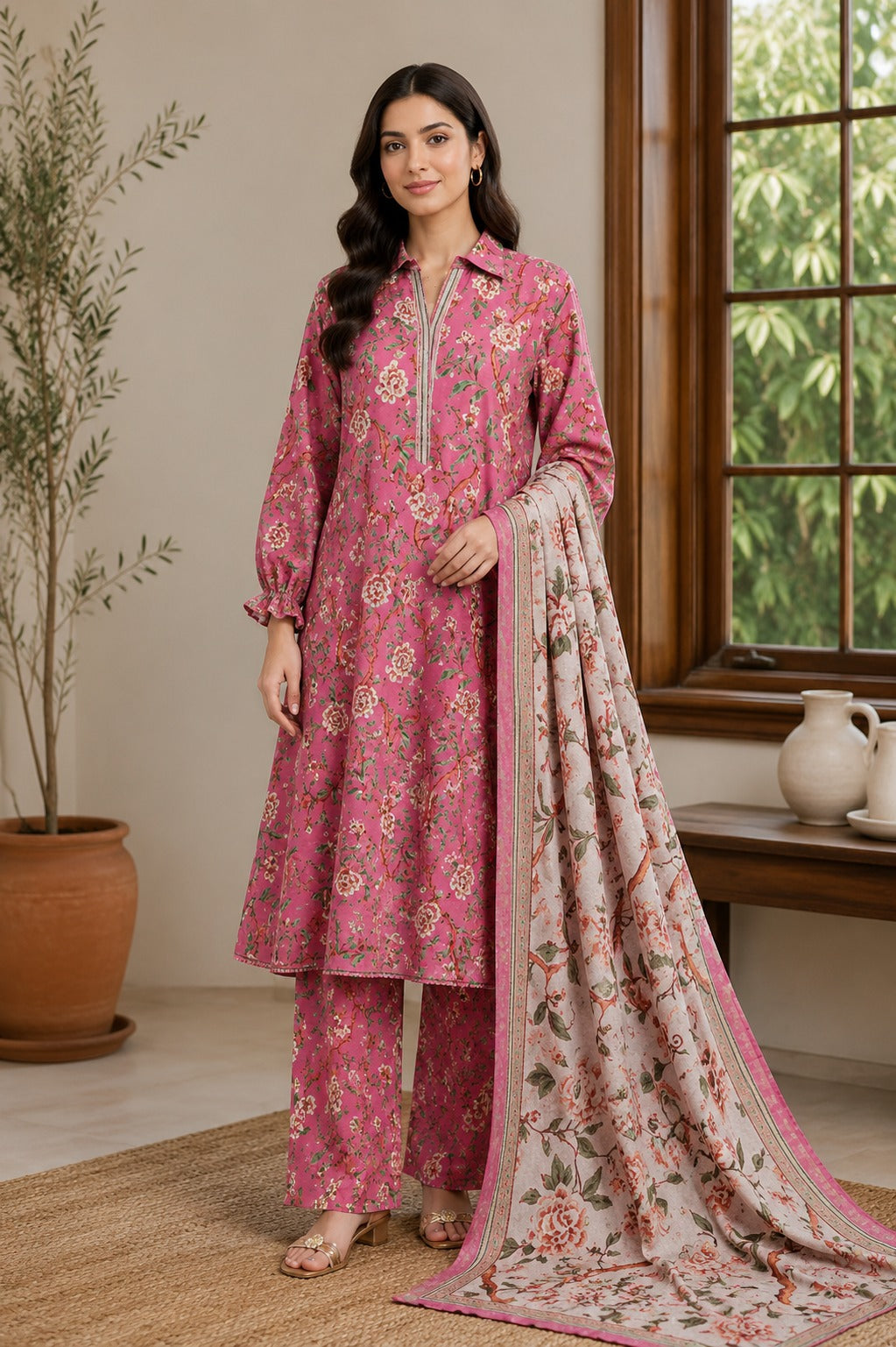 3 Piece BreezeLawn Printed UnStitched Suit with Printed Dupatta & Printed Trouser - Image 1