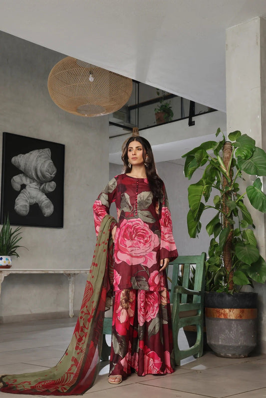 3 Piece BreezeLawn Printed UnStitched Suit with Printed Dupatta & Printed Trouser - Image 1