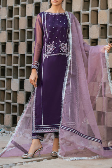 EDARA | 3PC Stitched Organza Embroidered Suit