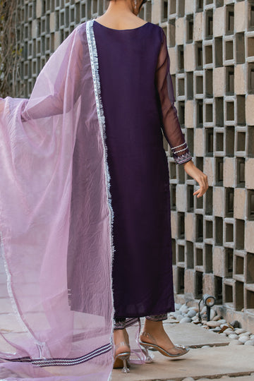 EDARA | 3PC Stitched Organza Embroidered Suit