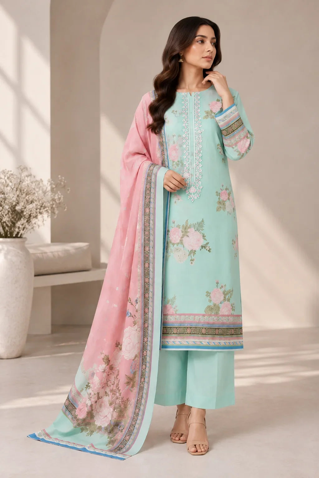 3 PIECE - EMBROIDERED CAMBRIC SUIT