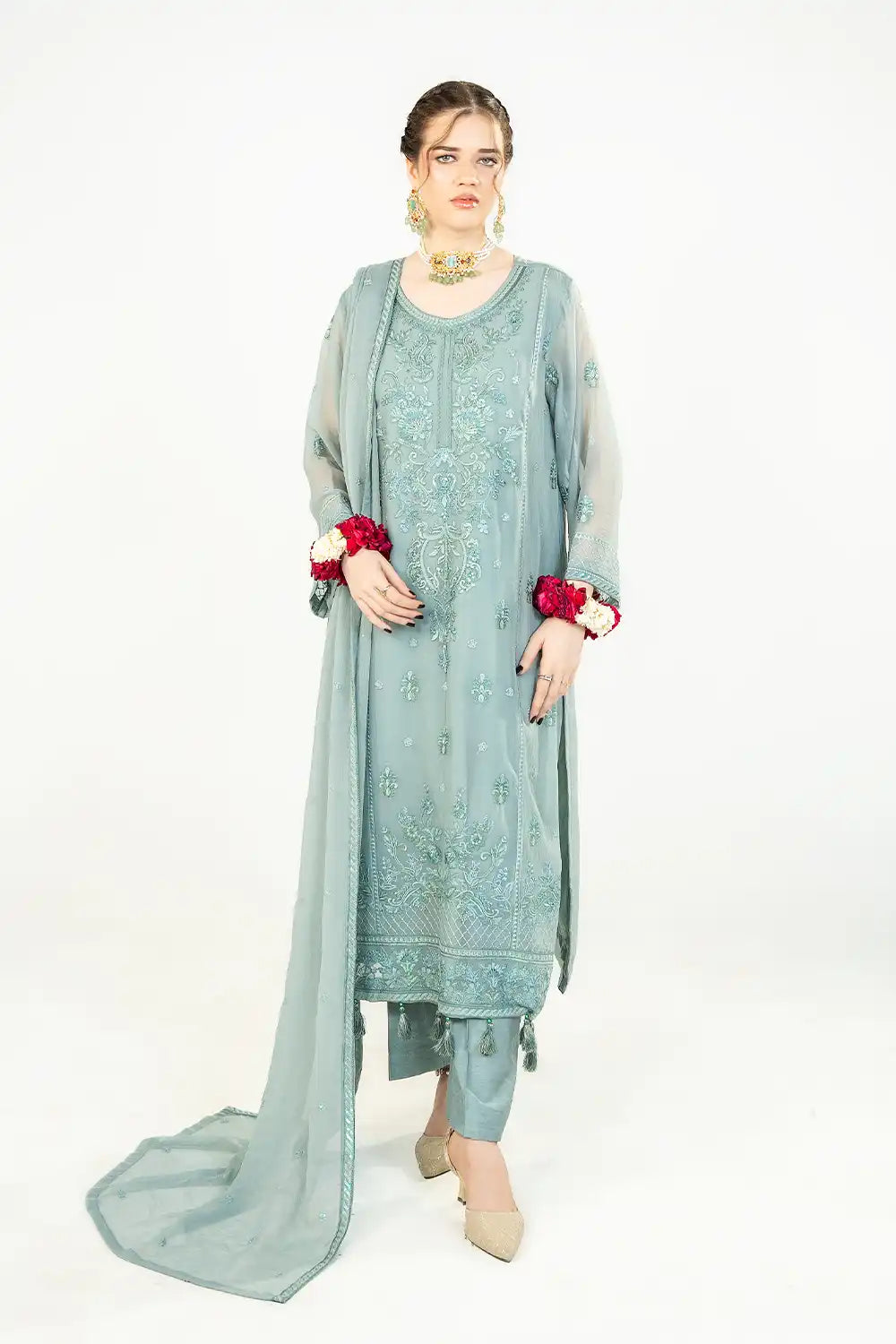 3 Piece - Embroidered Chiffon Suit