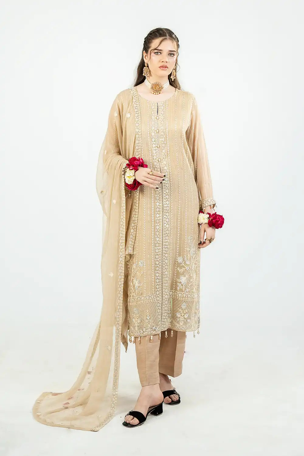 3 Piece - Embroidered Chiffon Suit