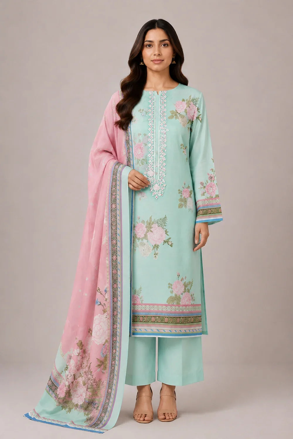 3 PIECE - EMBROIDERED CAMBRIC SUIT